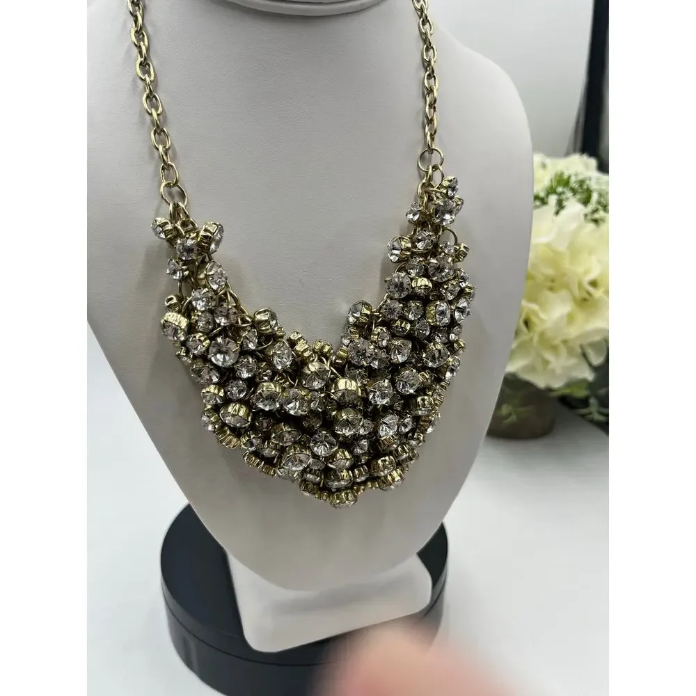 J. Crew Antique Gold Tone Prong Set Rhinestone‎ Cluster Bib Statement Necklace